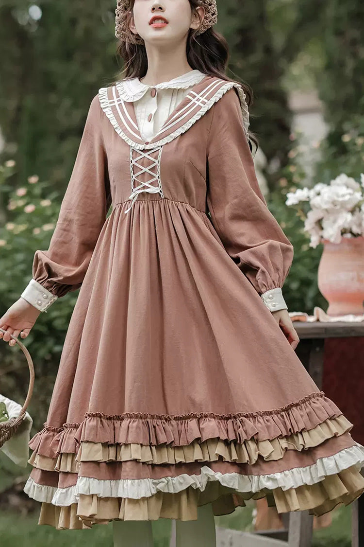 Lolita Dress - Multi-layer Ruffle Two Fake, Brown, Sweet Style, Ruffled, Long Sleeves - main product image