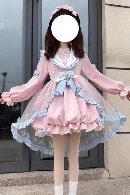 Lolita Dress - Music Notes Print Ruffle, Pink, Lace Trim, Ruffled, Printed - additional product view 3