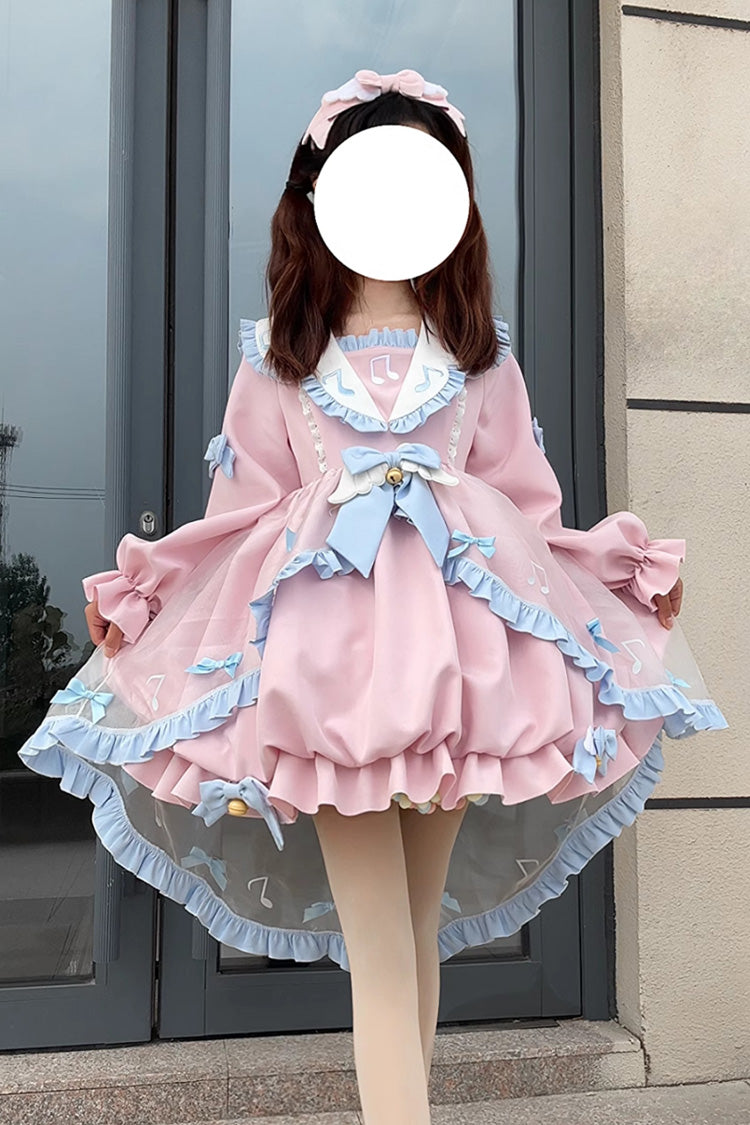 Lolita Dress - Music Notes Print Ruffle, Pink, Lace Trim, Ruffled, Printed - main product image