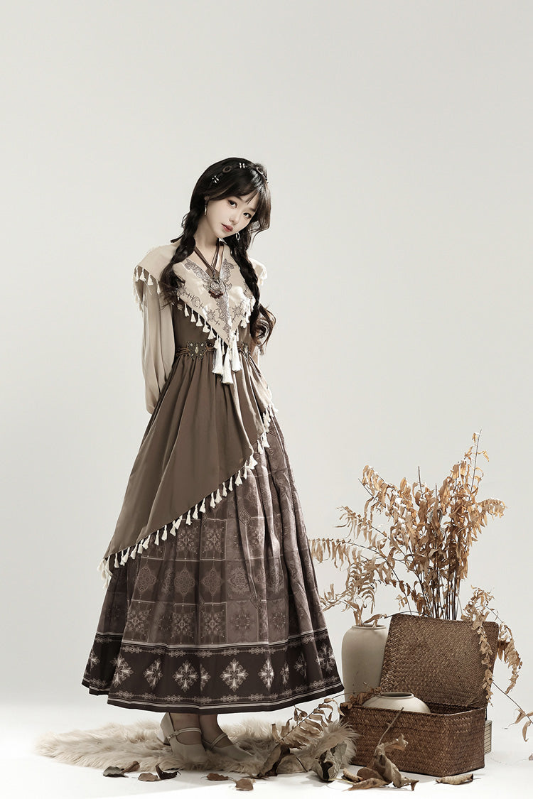 Lolita Dress - Mysterious Tribe, Brown, Ruffled, Printed, Long Sleeves - additional product view 4