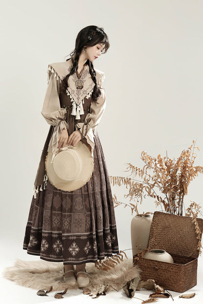 Lolita Dress - Mysterious Tribe, Brown, Ruffled, Printed, Long Sleeves - additional product view 5