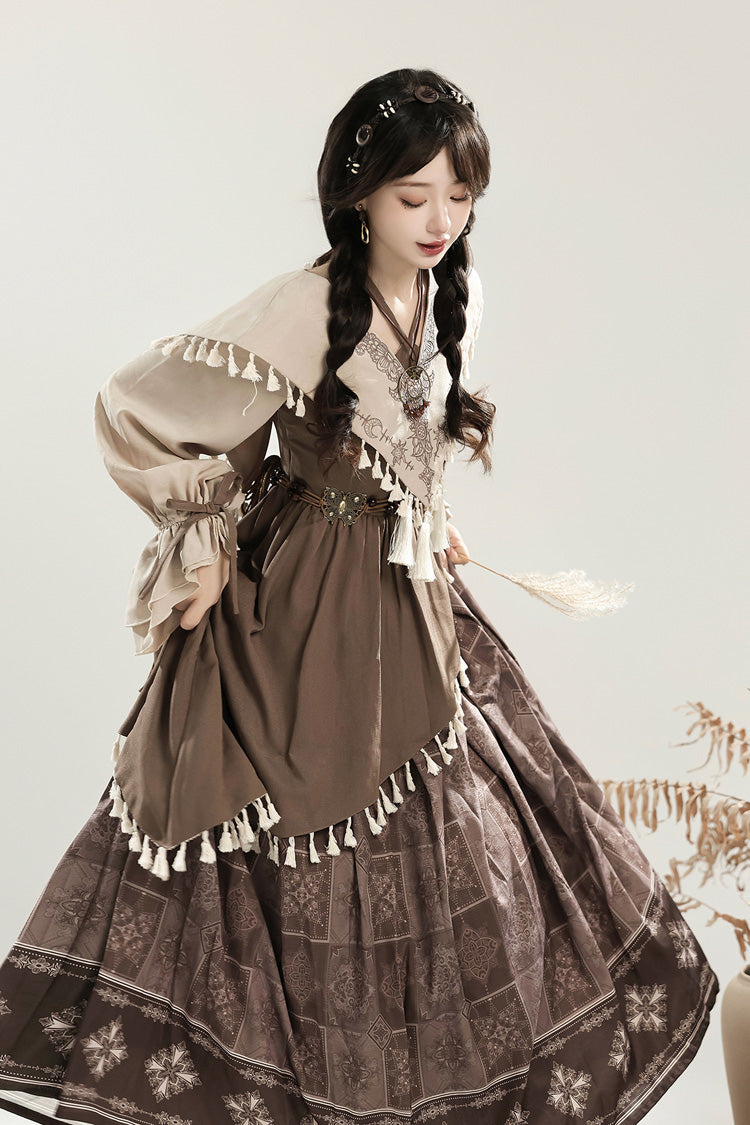 Lolita Dress - Mysterious Tribe, Brown, Ruffled, Printed, Long Sleeves - additional product view 8