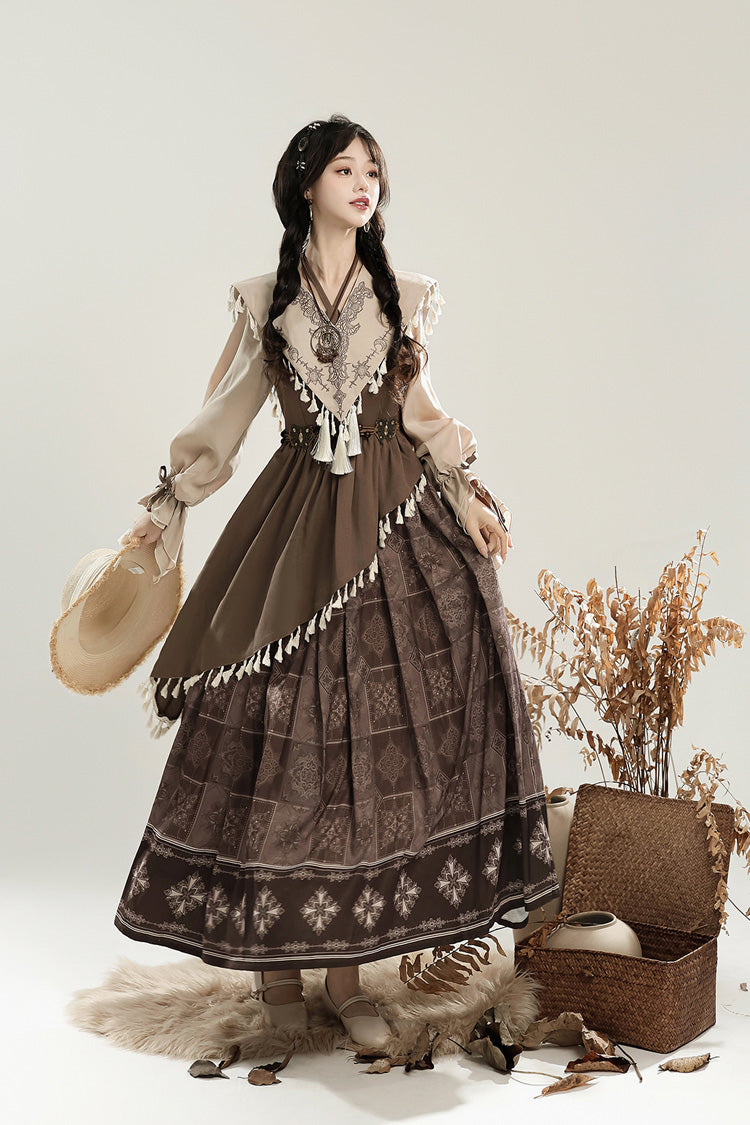 Lolita Dress - Mysterious Tribe, Brown, Ruffled, Printed, Long Sleeves - additional product view 9