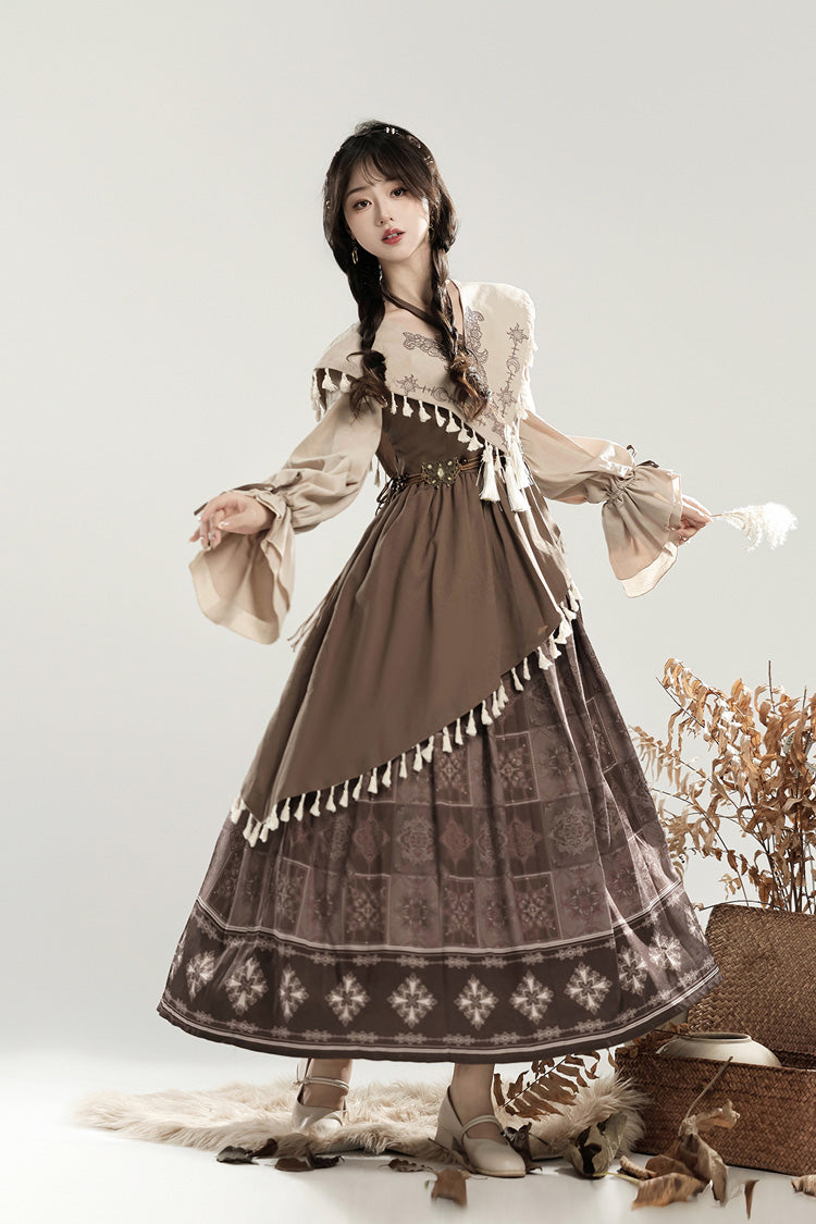 Lolita Dress - Mysterious Tribe, Brown, Ruffled, Printed, Long Sleeves - main product image