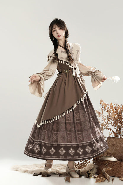 Lolita Dress - Mysterious Tribe, Brown, Ruffled, Printed, Long Sleeves - main product image