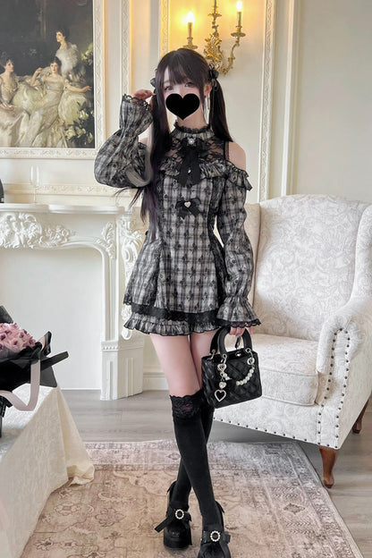 Lolita Dress - Off Shoulder Halterneck Ruffle, 4 Colors, Plaid, Long Sleeves, Sweet Style - additional product view 2