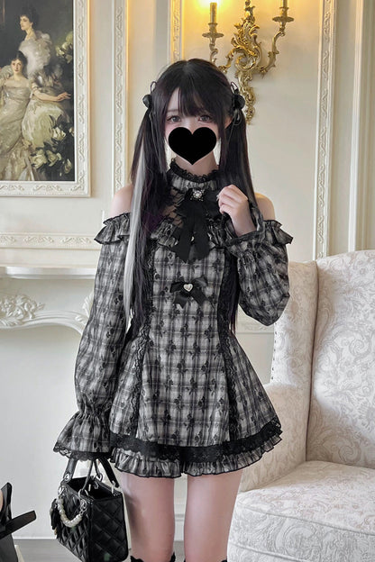 Lolita Dress - Off Shoulder Halterneck Ruffle, 4 Colors, Plaid, Long Sleeves, Sweet Style - additional product view 3
