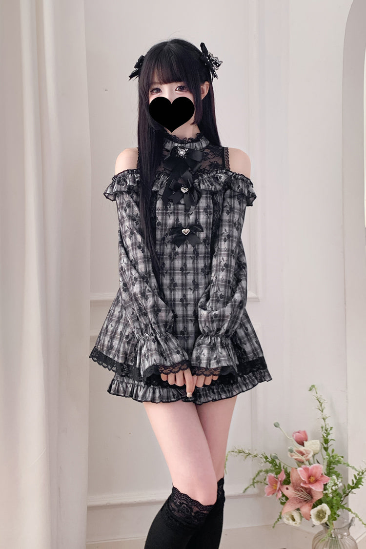 Lolita Dress - Off Shoulder Halterneck Ruffle, 4 Colors, Plaid, Long Sleeves, Sweet Style - additional product view 4