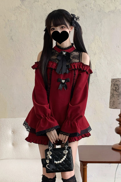 Lolita Dress - Off Shoulder Halterneck Ruffle, 4 Colors, Plaid, Long Sleeves, Sweet Style - additional product view 16