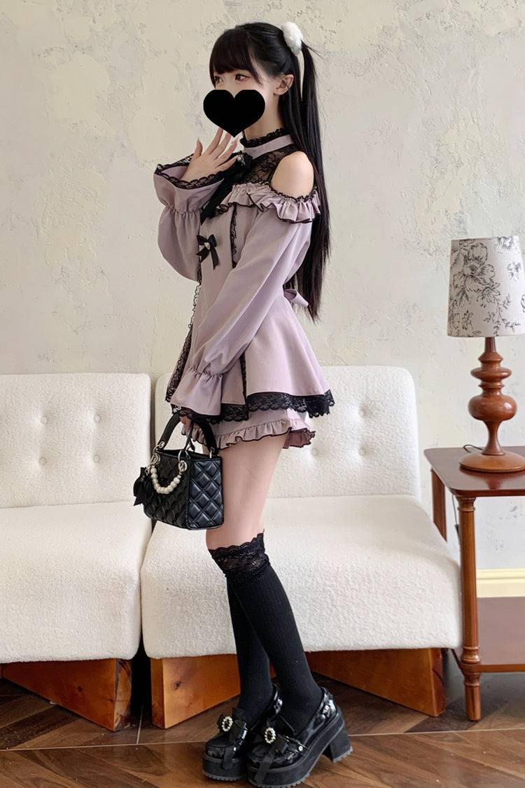 Lolita Dress - Off Shoulder Halterneck Ruffle, 4 Colors, Plaid, Long Sleeves, Sweet Style - additional product view 25