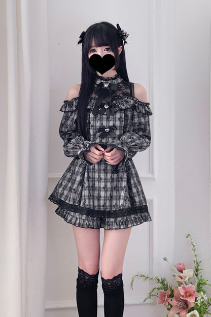 Lolita Dress - Off Shoulder Halterneck Ruffle, 4 Colors, Plaid, Long Sleeves, Sweet Style - additional product view 26