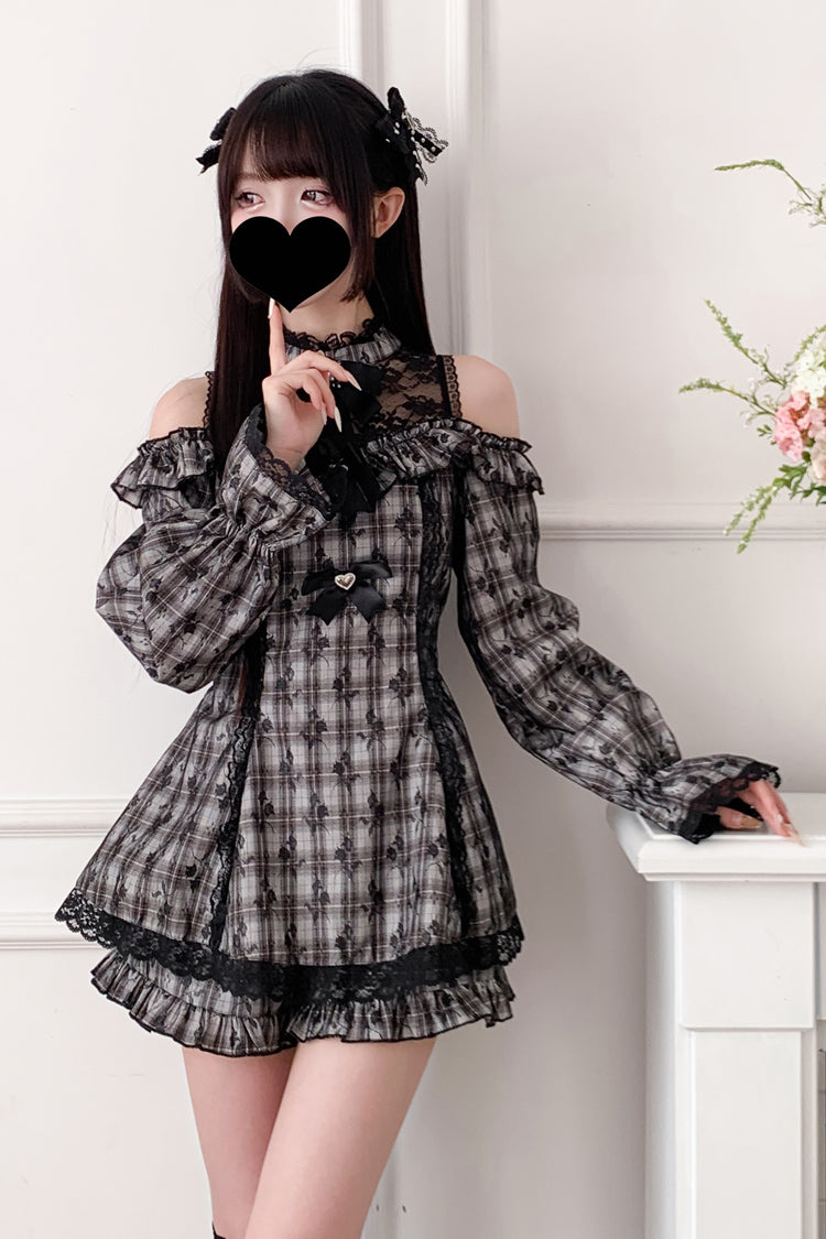Lolita Dress - Off Shoulder Halterneck Ruffle, 4 Colors, Plaid, Long Sleeves, Sweet Style - additional product view 28