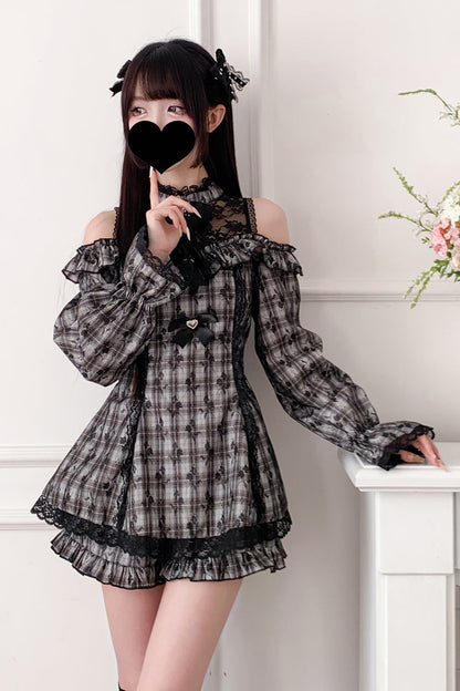 Lolita Dress - Off Shoulder Halterneck Ruffle, 4 Colors, Plaid, Long Sleeves, Sweet Style - additional product view 28