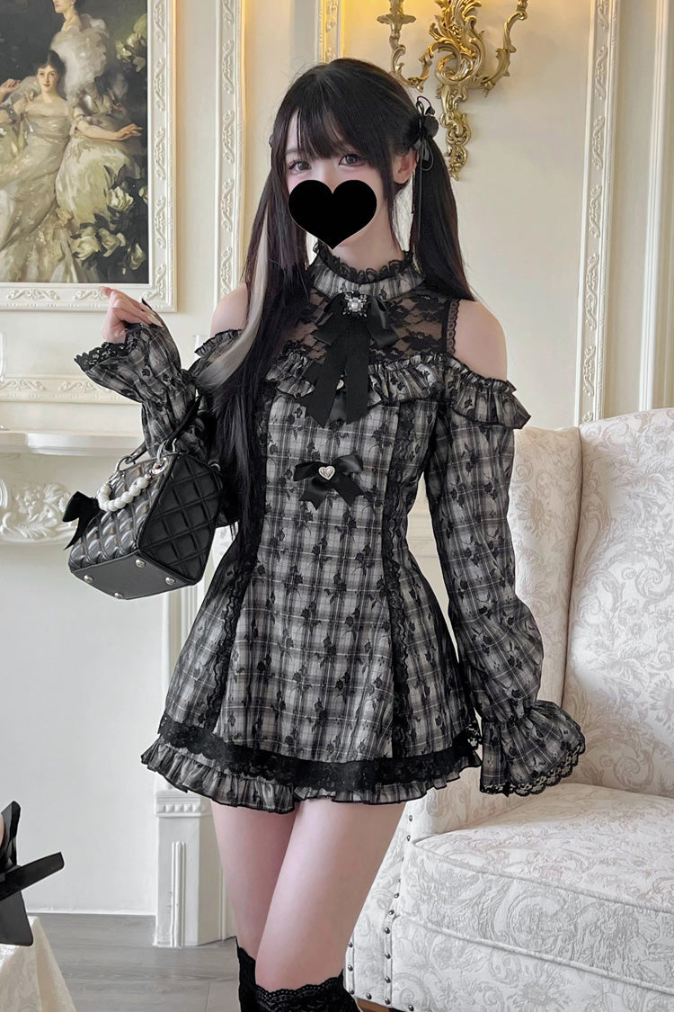 Lolita Dress - Off Shoulder Halterneck Ruffle, 4 Colors, Plaid, Long Sleeves, Sweet Style - main product image