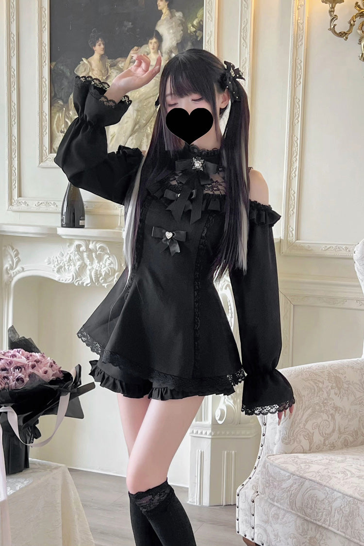 Lolita Dress - Off Shoulder Halterneck Ruffle, 4 Colors, Plaid, Long Sleeves, Sweet Style - S Black / M Black / L Black option