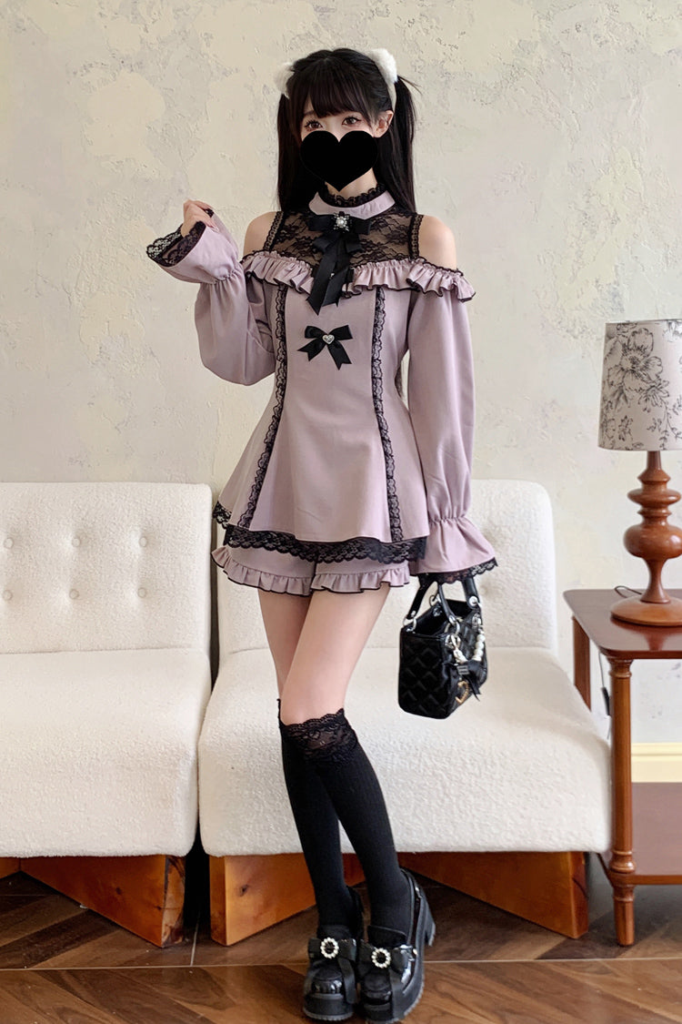 Lolita Dress - Off Shoulder Halterneck Ruffle, 4 Colors, Plaid, Long Sleeves, Sweet Style - S Pink/Black / M Pink/Black / L Pink/Black option