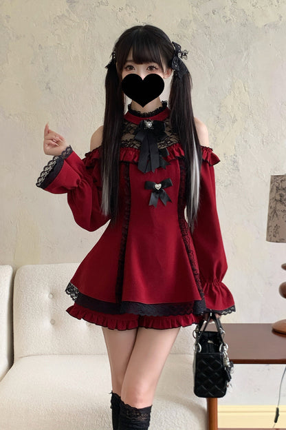 Lolita Dress - Off Shoulder Halterneck Ruffle, 4 Colors, Plaid, Long Sleeves, Sweet Style - S Red/Black / M Red/Black / L Red/Black option