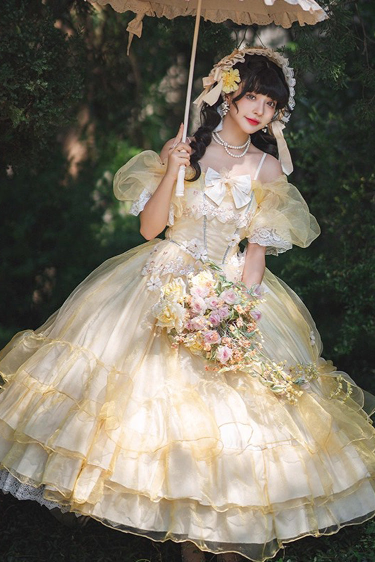 Lolita Dress - Off Shoulder, Yellow, Plus Size, Layered, Sweet Style - main product image