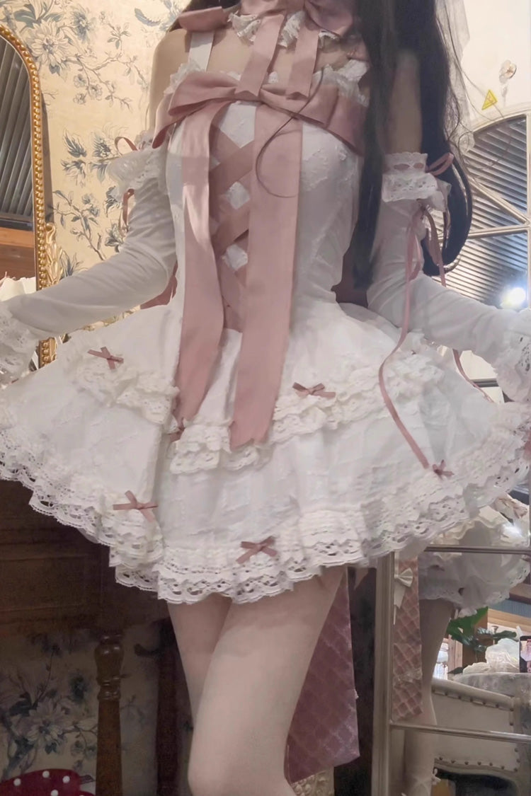 Lolita Dress - Pink/white Ribbon, 2 Colors, Embroidered, Lace-Up, Sweet Style - additional product view 2