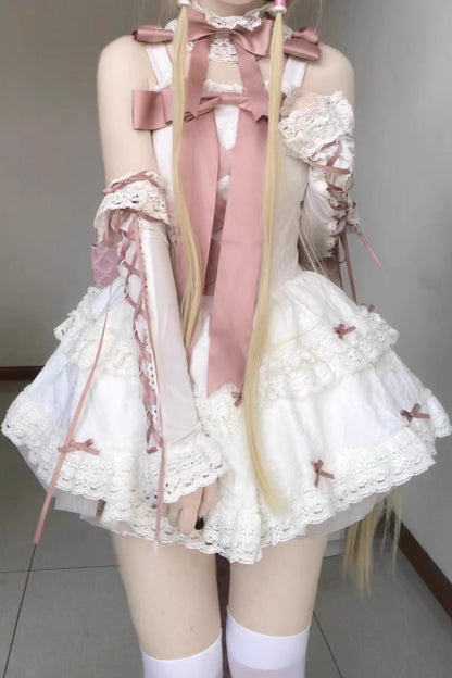 Lolita Dress - Pink/white Ribbon, 2 Colors, Embroidered, Lace-Up, Sweet Style - additional product view 3