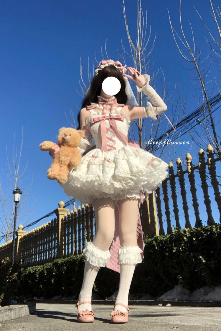 Lolita Dress - Pink/white Ribbon, 2 Colors, Embroidered, Lace-Up, Sweet Style - additional product view 4