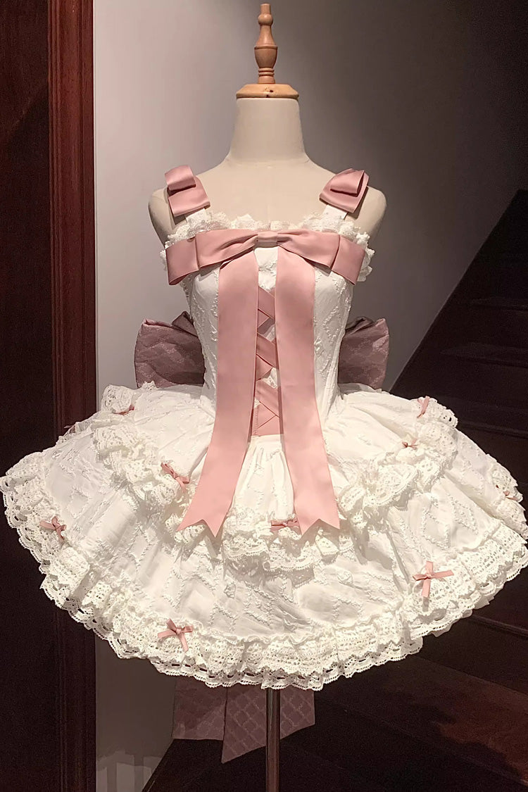 Lolita Dress - Pink/white Ribbon, 2 Colors, Embroidered, Lace-Up, Sweet Style - main product image