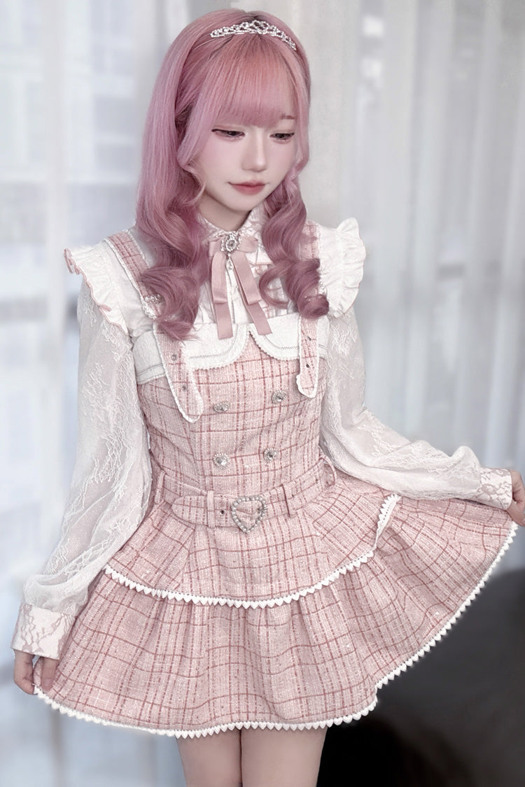 Lolita Dress - Plaid Printed Pearl-decorated, Pink, Plaid, Sweet Style - main product image