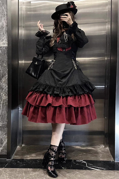Lolita Dress - Point Manor, 5 Colors, Stand Collar, Ruffled, Long Sleeves - XS Black/Red / S Black/Red / M Black/Red option