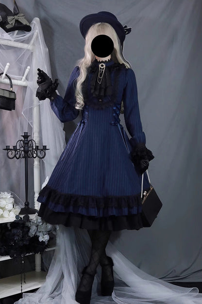 Lolita Dress - Point Manor, 5 Colors, Stand Collar, Ruffled, Long Sleeves - XS Blue / S Blue / M Blue option