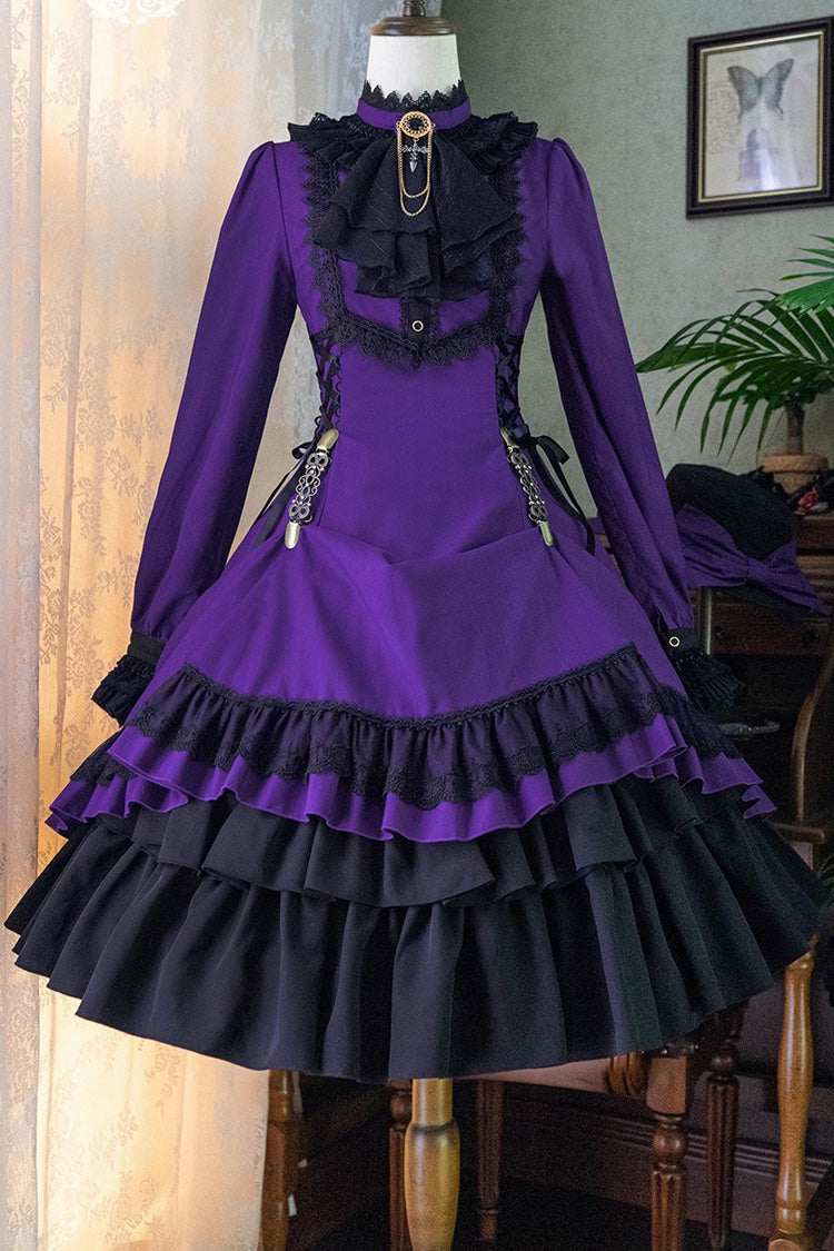 Lolita Dress - Point Manor, 5 Colors, Stand Collar, Ruffled, Long Sleeves - XS Dark-Purple / S Dark-Purple / M Dark-Purple option
