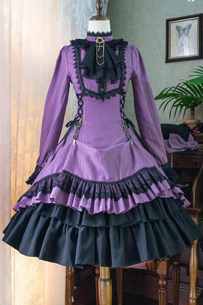 Lolita Dress - Point Manor, 5 Colors, Stand Collar, Ruffled, Long Sleeves - XS Light-Purple / S Light-Purple / M Light-Purple option