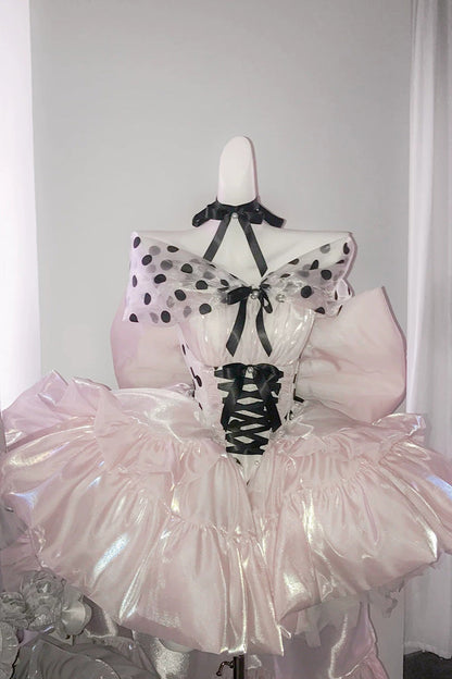 Lolita Dress - Polka Dot × Gown Coronation, Pink, Bow Detail, Lace Trim, Ruffled - additional product view 2