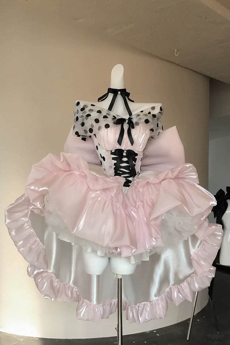Lolita Dress - Polka Dot × Gown Coronation, Pink, Bow Detail, Lace Trim, Ruffled - additional product view 5