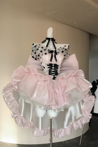 Lolita Dress - Polka Dot × Gown Coronation, Pink, Bow Detail, Lace Trim, Ruffled - additional product view 5