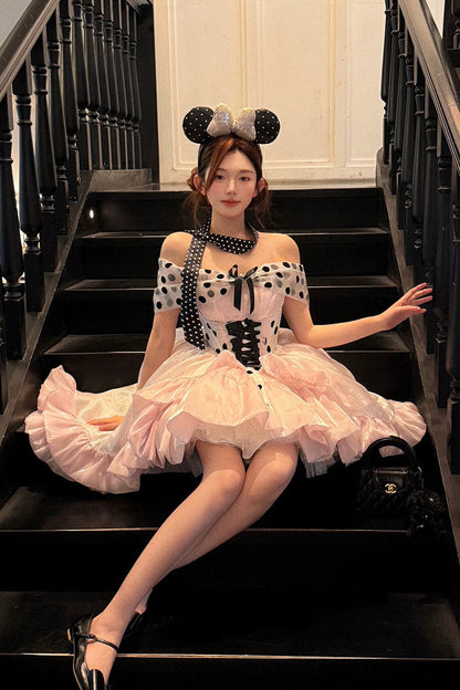 Lolita Dress - Polka Dot × Gown Coronation, Pink, Bow Detail, Lace Trim, Ruffled - additional product view 6