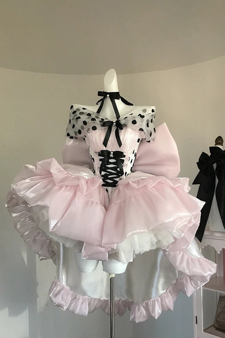 Lolita Dress - Polka Dot × Gown Coronation, Pink, Bow Detail, Lace Trim, Ruffled - main product image