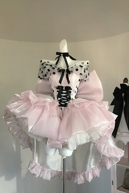 Lolita Dress - Polka Dot × Gown Coronation, Pink, Bow Detail, Lace Trim, Ruffled - main product image