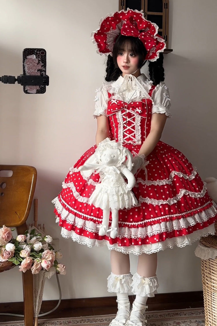 Lolita Dress - Polka Dots Print, Red, Lace-Up, Sweet Style, Bow Detail - additional product view 2