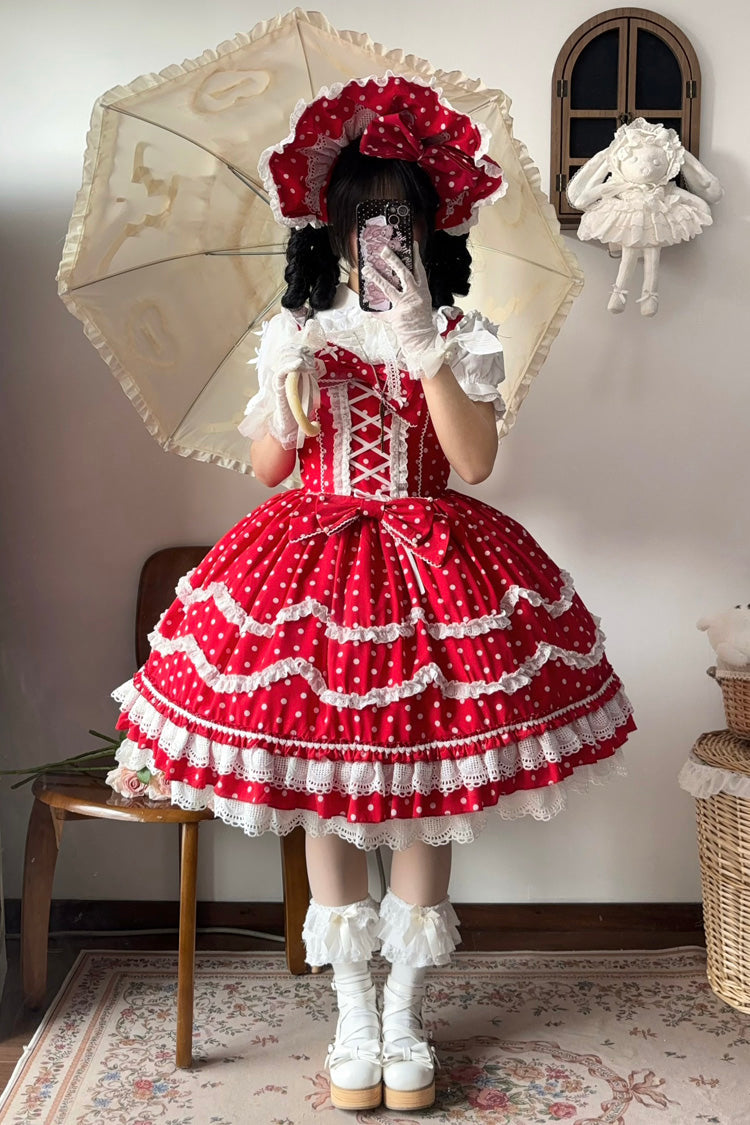 Lolita Dress - Polka Dots Print, Red, Lace-Up, Sweet Style, Bow Detail - additional product view 3
