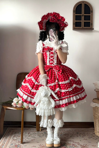 Lolita Dress - Polka Dots Print, Red, Lace-Up, Sweet Style, Bow Detail - additional product view 4