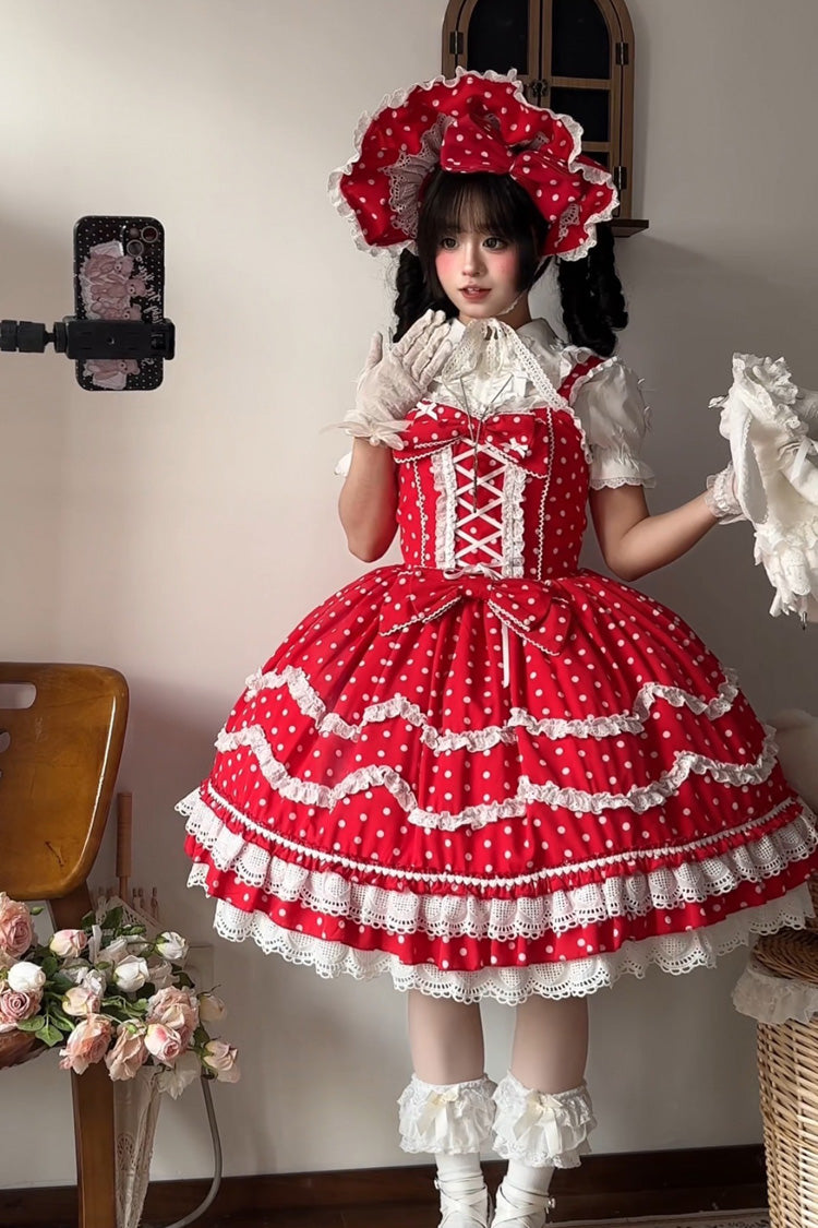 Lolita Dress - Polka Dots Print, Red, Lace-Up, Sweet Style, Bow Detail - additional product view 5