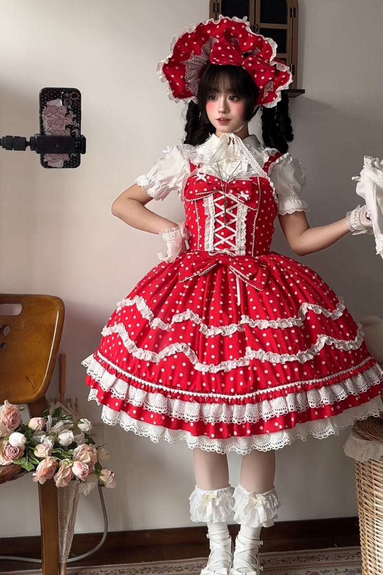 Lolita Dress - Polka Dots Print, Red, Lace-Up, Sweet Style, Bow Detail - additional product view 6
