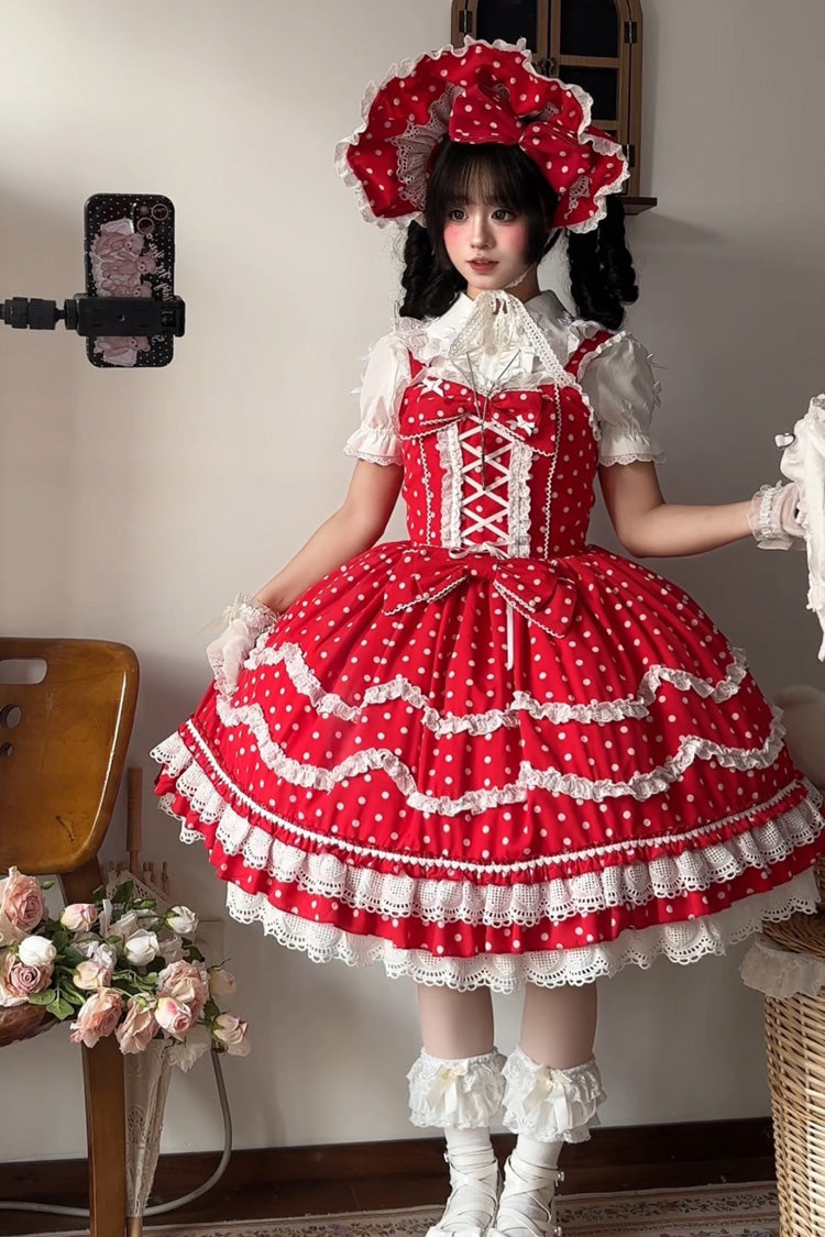 Lolita Dress - Polka Dots Print, Red, Lace-Up, Sweet Style, Bow Detail - additional product view 7