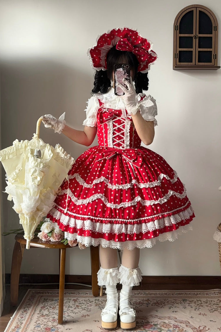 Lolita Dress - Polka Dots Print, Red, Lace-Up, Sweet Style, Bow Detail - additional product view 8