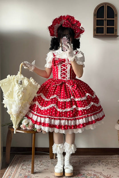 Lolita Dress - Polka Dots Print, Red, Lace-Up, Sweet Style, Bow Detail - additional product view 8