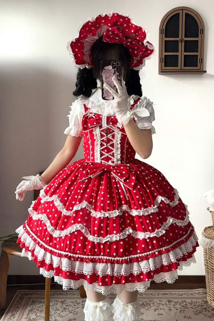 Lolita Dress - Polka Dots Print, Red, Lace-Up, Sweet Style, Bow Detail - main product image