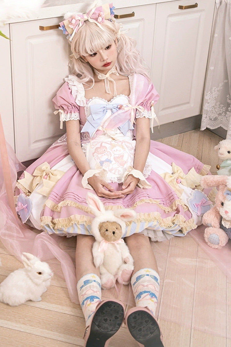 Lolita Dress - Print Ruffle Bowknot Lace-up, Pink, Lace Trim, Ruffled, Printed - additional product view 2