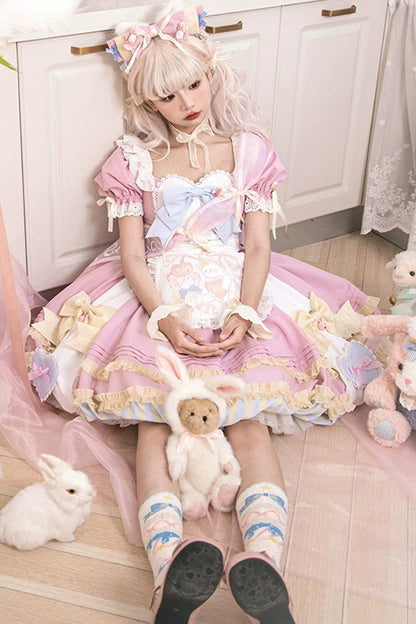 Lolita Dress - Print Ruffle Bowknot Lace-up, Pink, Lace Trim, Ruffled, Printed - additional product view 2