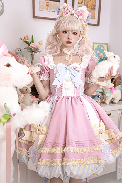Lolita Dress - Print Ruffle Bowknot Lace-up, Pink, Lace Trim, Ruffled, Printed - additional product view 3