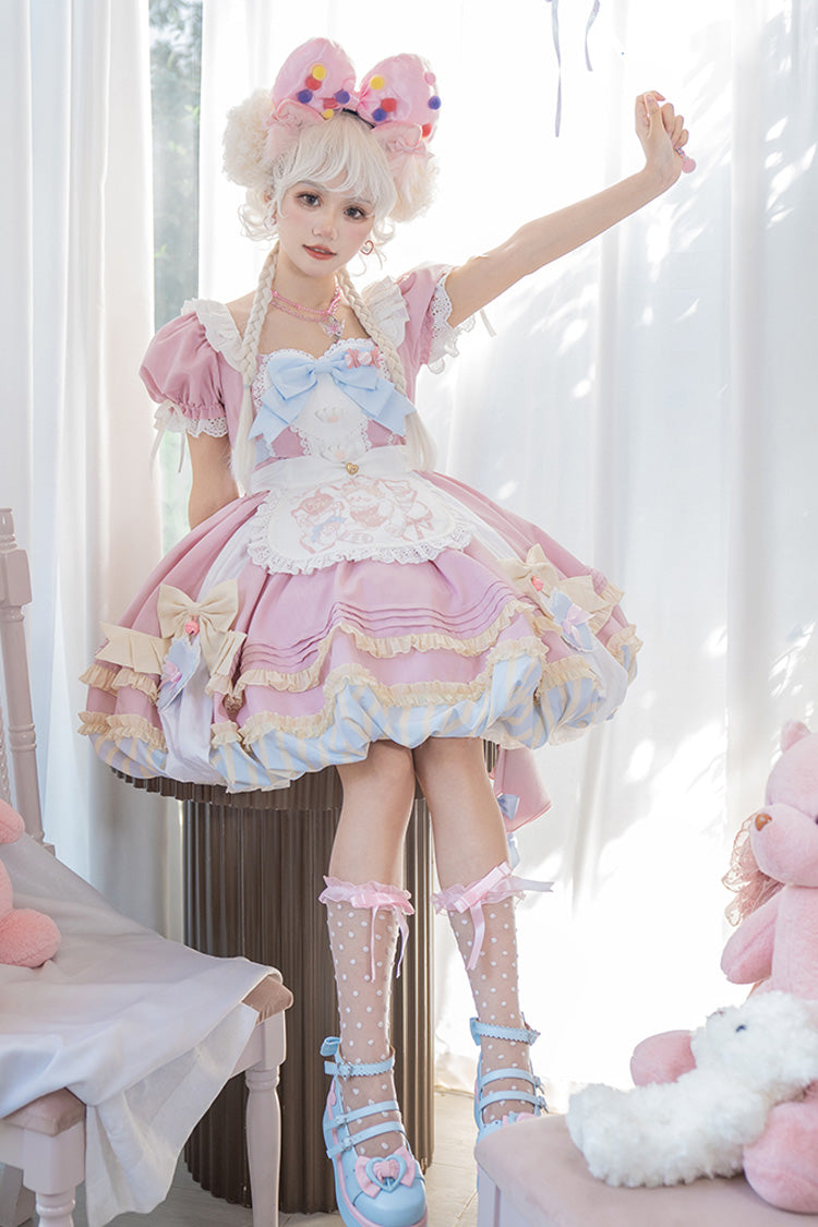 Lolita Dress - Print Ruffle Bowknot Lace-up, Pink, Lace Trim, Ruffled, Printed - additional product view 4